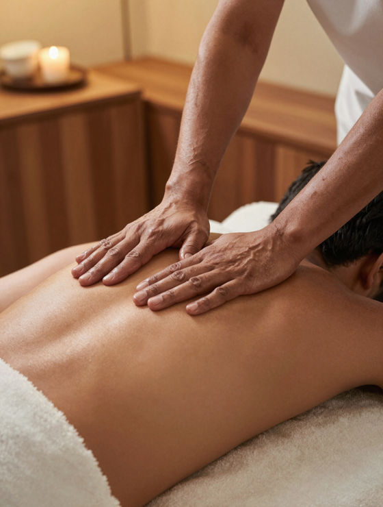Terapeuta aplicando massagem nas costas durante sessão de recuperação muscular